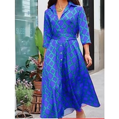 Women's Casual Dress Swing Dress A Line Dress Plaid Color Block Print V Neck Long Dress Maxi Dress Active Fashion Daily Holiday 34 Length Sleeve Regular Fit Red Blue Purple Spring Fall S M L XL XXL Lightinthebox