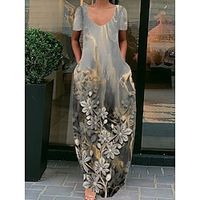 Women's Long Dress Maxi Dress Casual Dress Shift Dress Flower Casual Daily Weekend Pocket Print Short Sleeve V Neck Dress Regular Fit Green Gray Winter Fall S M L XL XXL Lightinthebox - thumbnail