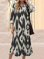 Vintage Print Loose Lapel Long Sleeve Midi Dress