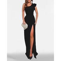 Mermaid  Trumpet Prom Dresses Black Dress Dress Wedding Guest Black Tie Sweep  Brush Train Sleeveless One Shoulder Stretch Fabric with Ruched Slit 2023 Lightinthebox - thumbnail