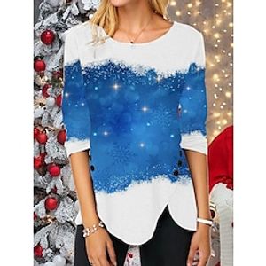 Women's T shirt Tee Print Christmas Snowman Snowflake Basic Round Neck Blue Red Black / Long Sleeve miniinthebox