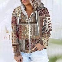 Women's Plus Size Tops Hoodie Sweatshirt Floral Tribal Zipper Print Long Sleeve Hooded Vintage Daily Vacation Polyester Fall Winter Blue Red  3D Print Lightinthebox - thumbnail