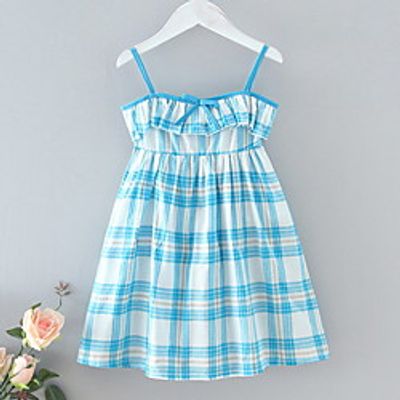 Kids Little Girls' Dress Plaid Print Light Blue Knee-length Sleeveless Basic Dresses Summer Regular Fit 3-8 Years Lightinthebox