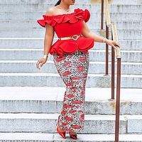 Women's Bodycon Sheath Dress Long Dress Maxi Dress Black Blue Red Short Sleeve Leopard Ruffle Spring Summer Off Shoulder Mature Birthday Weekend 2022 S M L XL XXL Lightinthebox - thumbnail