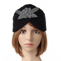 Turban Knit Crochet Handmade Headband Winter Warm Beanie Hat Metal Jewel Accessory