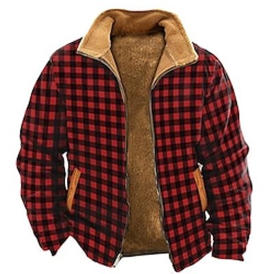 Graphic Plaid Men's Daily Zip Sweatshirt Holiday Vacation Going out Sweatshirts Red Blue Stand Collar Print Pocket Fleece Fall  Winter Designer Hoodie Sweatshirt Lightinthebox