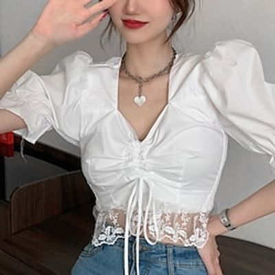 Women's Casual Holiday Going out Blouse Plain Short Sleeve Drawstring Square Neck Casual Tops Lantern Sleeve Slim White Black One-Size miniinthebox Women's Casual Holiday Going out Blouse Plain Short Sleeve Drawstring Square Neck Casual Tops Lantern Sleeve Slim White Black One-Size miniinthebox