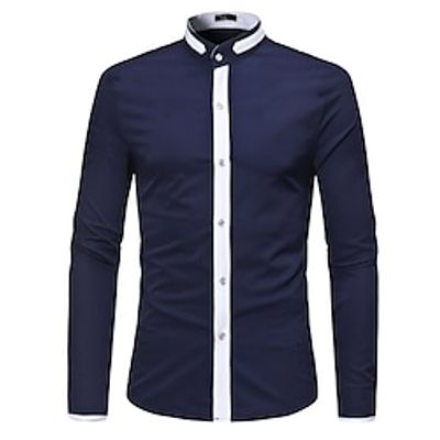Men's Classic Shirt Regular Fit Long Sleeve Standing Collar Color Block Cotton Blend White Black Blue 2022 Lightinthebox