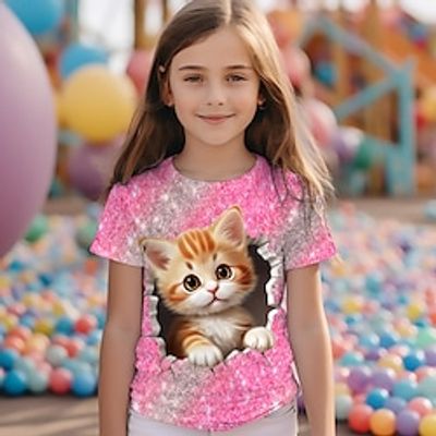 Girls' 3D Cat Tee Shirt Pink Short Sleeve 3D Print Summer Active Fashion Cute Polyester Kids 3-12 Years Crew Neck Outdoor Casual Daily Regular Fit Lightinthebox