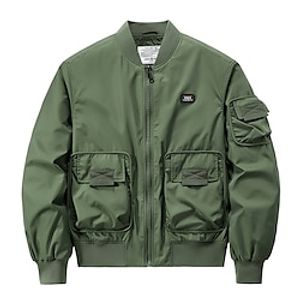 Men's Bomber Jacket Varsity Jacket Sports Outdoor Streetwear Warm Zipper Pocket Multiple Pockets Spring Fall Solid Color Classic  Timeless Crewneck Regular Dark-Gray Silver  Black Army Green Dark Lightinthebox