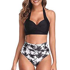 durinm swimsuit for women two pieces bikini sets high waisted halter swimsuit top ruffled two pieces tummy control plus size 2 pieces swimwear bathing suit black Lightinthebox