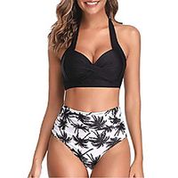 durinm swimsuit for women two pieces bikini sets high waisted halter swimsuit top ruffled two pieces tummy control plus size 2 pieces swimwear bathing suit black Lightinthebox - thumbnail