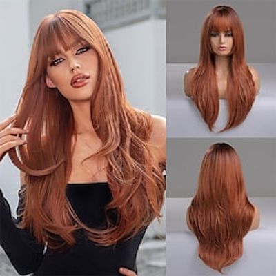 Reddish Brown Wigs with Bangs Long Natural Wavy Layered Ginger Wigs for Women Heat Resistant Synthetic Wigs for Daily Party Cospaly Use miniinthebox