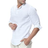 Men's Shirt Cotton Linen Shirt White Cotton Shirt Casual Shirt Black White Navy Blue Long Sleeve Plain Band Collar Spring Fall Hawaiian Holiday Clothing Apparel Button-Down Lightinthebox