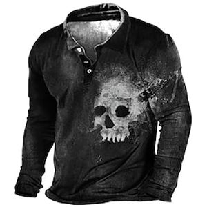 Men's Collar Polo Shirt Golf Shirt Skull Turndown Khaki Black 3D Print Halloween Street Long Sleeve Button-Down Print Clothing Apparel Fashion Designer Casual Breathable Lightinthebox