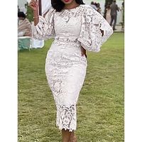 Women's Party Dress Lace Dress Cocktail Dress Midi Dress White Pink Long Sleeve Pure Color Lace Spring Fall Winter Crew Neck Fashion Winter Dress Wedding Guest Birthday 2023 S M L XL XXL 3XL 4XL Lightinthebox - thumbnail