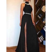 A-Line Evening Gown Elegant Dress Formal Sweep  Brush Train Black Dress Sleeveless High Neck Stretch Fabric with Pleats Crystals Slit 2023 Lightinthebox - thumbnail
