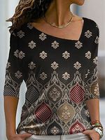 V-neck Casual Loose Retro Ethnic Print Long-sleeved T-shirt