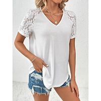 T shirt Tee Women's Black White Red Plain Lace Street Daily Fashion V Neck Regular Fit S Lightinthebox