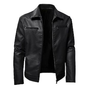 Men's Faux Leather Jacket Biker Jacket Motorcycle Jacket Thermal Warm Windproof Rain Waterproof Daily Wear Zipper Lapel Casual Daily Jacket Outerwear Solid Color with Pockets Black Red miniinthebox