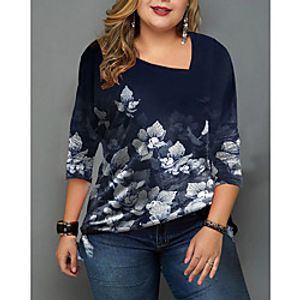 Women's Plus Size Tops Blouse Shirt Floral Print Long Sleeve V Neck Streetwear Fall Winter Blue White Black Big Size L XL XXL 3XL / Cotton miniinthebox