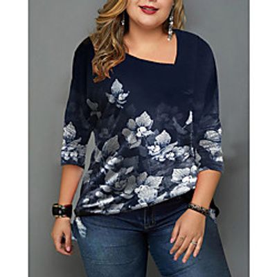 Women's Plus Size Tops Blouse Shirt Floral Print Long Sleeve V Neck Streetwear Fall Winter Blue White Black Big Size L XL XXL 3XL / Cotton miniinthebox