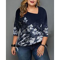 Women's Plus Size Tops Blouse Shirt Floral Print Long Sleeve V Neck Streetwear Fall Winter Blue White Black Big Size L XL XXL 3XL / Cotton miniinthebox - thumbnail