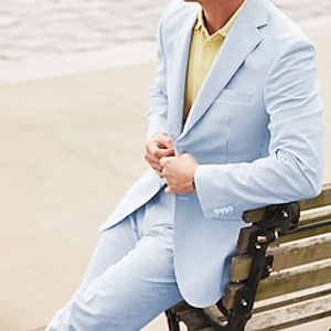 ky Blue Men's Seersucker Suits Beach Wedding Suits Striped 2 Piece Business Lightweight Formal Plus Size Single Breasted Two-buttons 2024 Lightinthebox