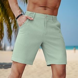 Men's Waffle Shorts Summer Shorts Work Shorts Pocket Straight Leg Plain Comfort Breathable Short Casual Daily Holiday Cotton Blend Sports Fashion White Dark Green miniinthebox