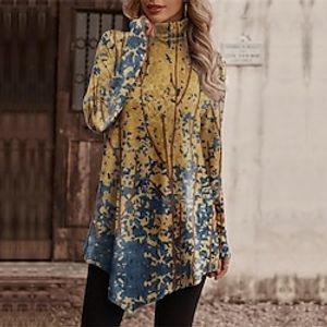 Women's T shirt Tee Yellow Pink Blue Floral Asymmetrical Print Long Sleeve Holiday Weekend Fashion High Neck Regular Fit Floral Painting Spring   Fall Lightinthebox