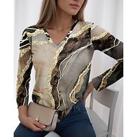 Women's T shirt Tee Graphic Abstract Blue Khaki Print Long Sleeve Daily Weekend Fashion V Neck Regular Fit Spring   Fall Lightinthebox - thumbnail