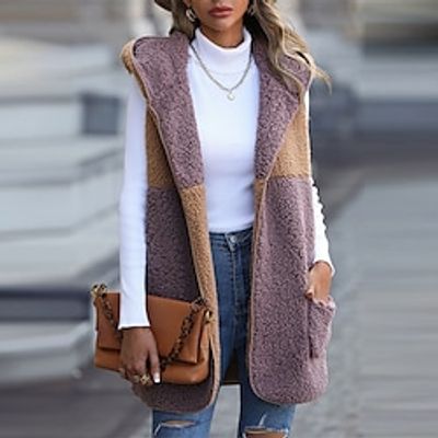 Women's Sherpa jacket Windproof Warm Outdoor Street Daily Vacation Pocket Cardigan Hoodie Chic  Modern Street Style Color Block Regular Fit Outerwear Sleeveless Winter Fall Purple S M L XL Lightinthebox