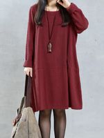 O-NEWE Solid Pockets Long Sleeve Dress