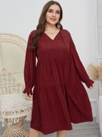 Plus Size V-neck Long Sleeves Midi Dress - thumbnail