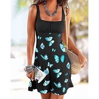 Women's A Line Dress Short Mini Dress Black Sleeveless Butterfly Print Spring Summer Square Neck U Neck Elegant Vacation 2022 S M L XL XXL Lightinthebox - thumbnail