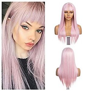 long pink white wig with bangs for women straight natural wigs heat resistant fiber synthetic fashion pink mixed white wigs for daily party cosplay holiady and singer concert.(22inch) Lightinthebox