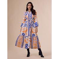 Bohemia Botanical Belted V Neck Lantern Sleeve Maxi Dress