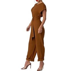 Women's Jumpsuit Lace up Solid Color Crew Neck Elegant Vacation Weekend Straight Regular Fit Short Sleeve Brown S M L Spring Lightinthebox