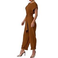 Women's Jumpsuit Lace up Solid Color Crew Neck Elegant Vacation Weekend Straight Regular Fit Short Sleeve Brown S M L Spring Lightinthebox - thumbnail