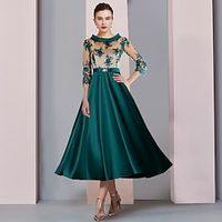 A-Line Mother of the Bride Dress Formal Party Elegant Scoop Neck Tea Length Satin Lace 34 Length Sleeve with Appliques Crystal Brooch 2023 Lightinthebox - thumbnail