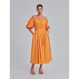 Off-Shoulder Puff Sleeve Midi Dress