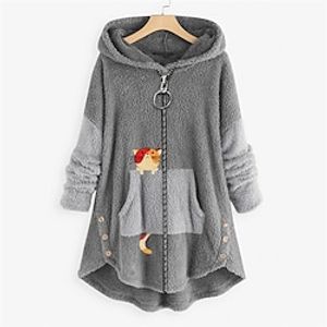 Women's Plus Size Teddy Coat Winter Coat Pocket Animal Cat Outdoor Causal Long Sleeve Hooded Regular Winter Fall Green Pink Dark Gray XL XXL 3XL 4XL 5XL miniinthebox