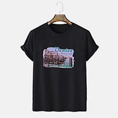 Men's Unisex Tee T shirt Shirt Hot Stamping Graphic Prints Building Plus Size Short Sleeve Casual Tops Cotton Basic Designer Big and Tall Gray Khaki Black miniinthebox
