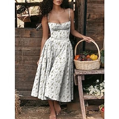 Women's Party Dress Cocktail Dress Wedding Guest Dress Midi Dress Red Blue Green Sleeveless Floral Print Summer Spring Fall Spaghetti Strap Elegant Wedding Guest Vacation Spring Dress S M L XL Lightinthebox