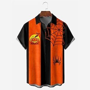 Pumpkin Spider Spider web Vintage Abstract Men's Shirt Outdoor Halloween Street Fall Turndown Short Sleeve Orange khaki S M L Shirt Lightinthebox