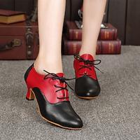 Women's Modern Dance Shoes Ballroom Dance Waltz ChaCha Plus Size Heel Cuban Heel Lace-up Adults' Black / Red Lightinthebox - thumbnail