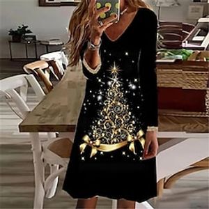 Women's Casual Dress T Shirt Dress Tee Dress Shift Dress Mini Dress Black Long Sleeve Christmas Tree Pocket Winter Fall Spring V Neck Fashion Christmas Daily 2022 S M L XL XXL 3XL Lightinthebox