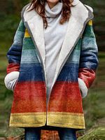 Women's Colorful Striped Printed Casual Fleece Thickened Hooded Coat