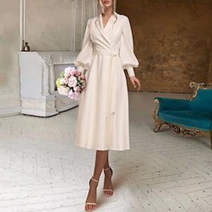 Bridal Shower Little White Dresses Wedding Dresses Tea Length A-Line Long Sleeve V Neck Chiffon With Sash  Ribbon Solid Color 2023 Bridal Gowns Lightinthebox