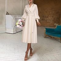 Bridal Shower Little White Dresses Wedding Dresses Tea Length A-Line Long Sleeve V Neck Chiffon With Sash  Ribbon Solid Color 2023 Bridal Gowns Lightinthebox - thumbnail